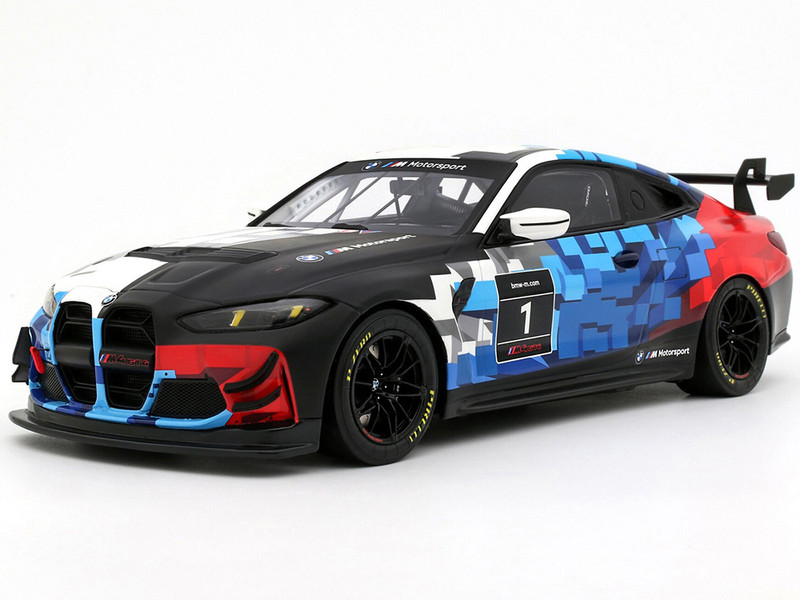 2024 BMW M4 GT4 #1 M Motorsport Livery Black and White with Red and Blue Graphics Limited Edition to 999 pieces Worldwide 1/18 Model Car Otto Mobile OT1125