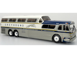 GM PD 4501 Scenicruiser Coach Bus Greyhound Bus Lines 50th Anniversary Raw Metal with Blue and White Top and Gold Stripes The Bus & Motorcoach Collection 1/43 Plastic Model Iconic Replicas 43-0665