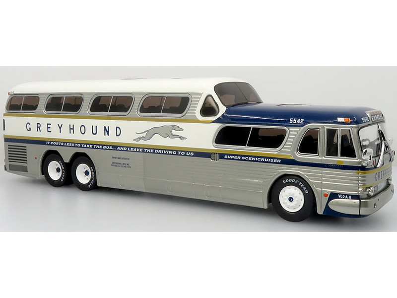 GM PD 4501 Scenicruiser Coach Bus Greyhound Bus Lines 50th Anniversary Raw Metal with Blue and White Top and Gold Stripes The Bus & Motorcoach Collection 1/43 Plastic Model Iconic Replicas 43-0665