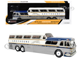 GM PD 4501 Scenicruiser Coach Bus Greyhound Bus Lines 50th Anniversary Raw Metal with Blue and White Top and Gold Stripes The Bus & Motorcoach Collection 1/43 Plastic Model Iconic Replicas 43-0665