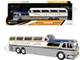 GM PD 4501 Scenicruiser Coach Bus Greyhound Bus Lines 50th Anniversary Raw Metal with Blue and White Top and Gold Stripes The Bus & Motorcoach Collection 1/43 Plastic Model Iconic Replicas 43-0665