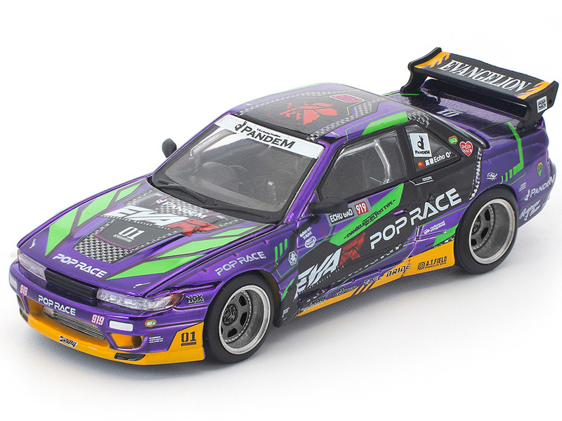 Pandem S13 RHD Right Hand Drive EVA RT Test Type 01 Purple Metallic with Graphics 1/64 Diecast Model Car Pop Race PR640432