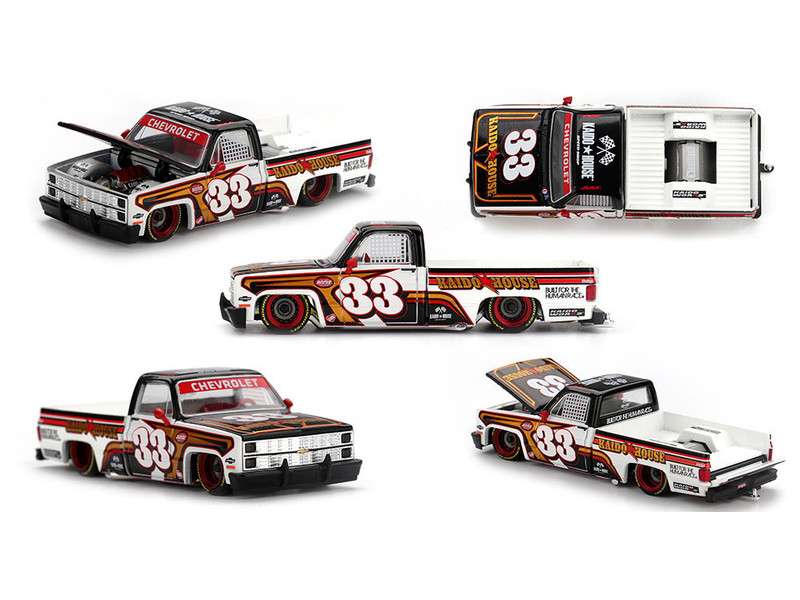 Chevrolet Silverado Pickup Truck #33 Kaido Intimidator V1 White and Black with Graphics Designed by Jun Imai Kaido House Special 1/64 Diecast Model Car Mini GT KHMG212