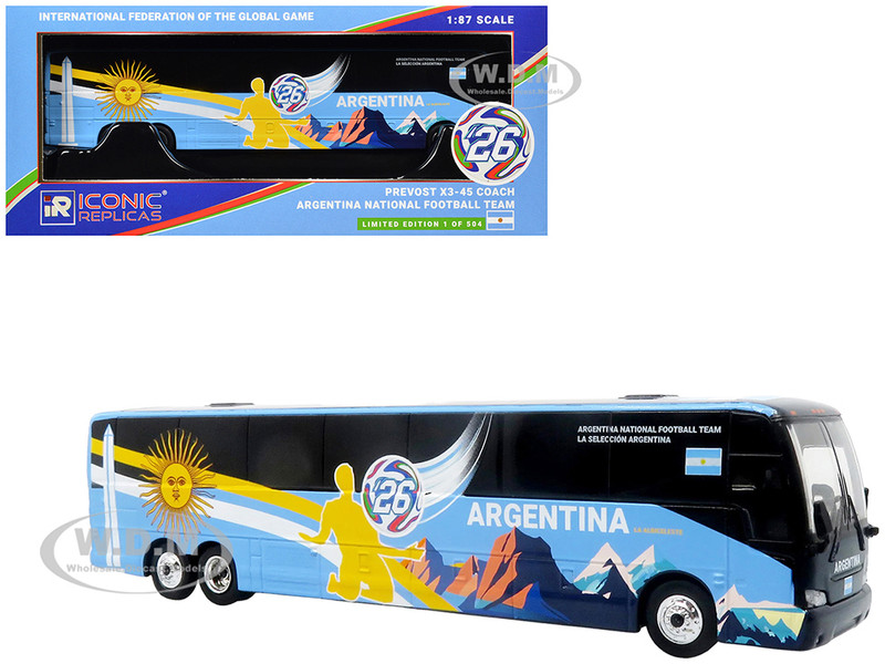 Prevost X3 45 Coach Bus Argentina National Football Team Blue with Graphics International Federation of the Global Game Series Limited Edition to 504 pieces Worldwide 1/87 (HO) Diecast Model Iconic Replicas 87-0723