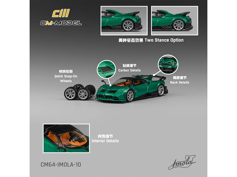 Pagani Imola Emerald Green Metallic with Carbon Top and Extra Wheels 1/64 Diecast Model Car CM Model CM64-IMOLA-10