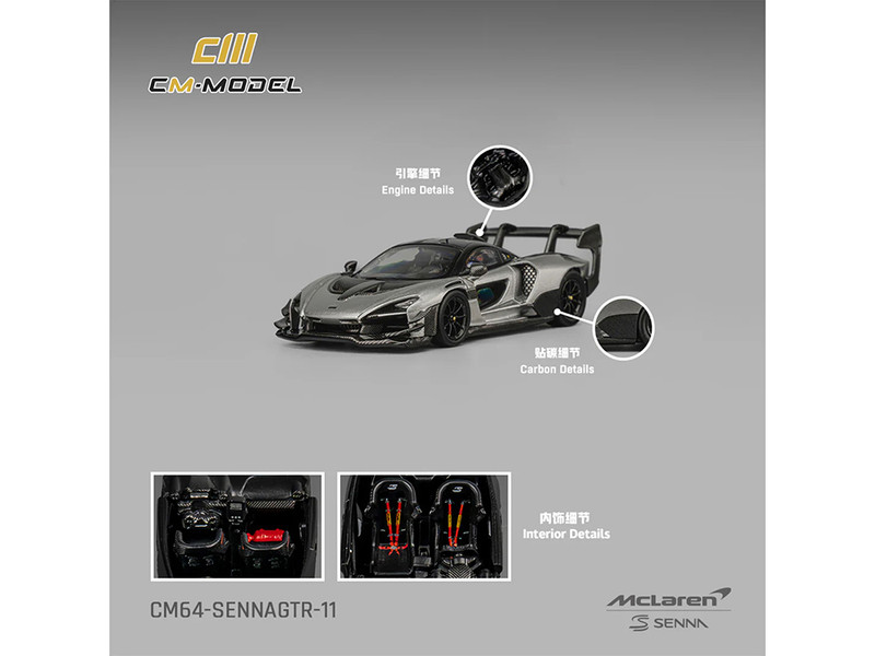 McLaren Senna GTR Silver Gray Metallic with Carbon Hood and Black Top 1/64 Diecast Model Car CM Model CM64-SENNAGTR-11
