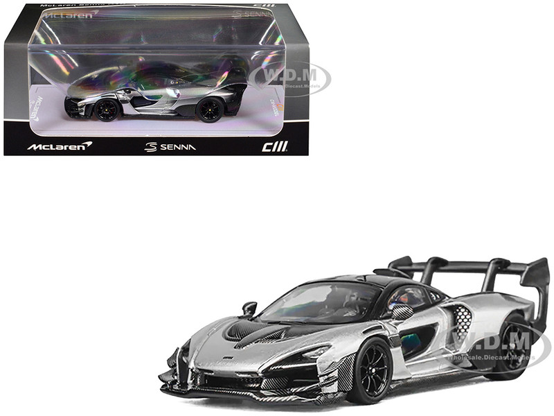 McLaren Senna GTR Silver Gray Metallic with Carbon Hood and Black Top 1/64 Diecast Model Car CM Model CM64-SENNAGTR-11