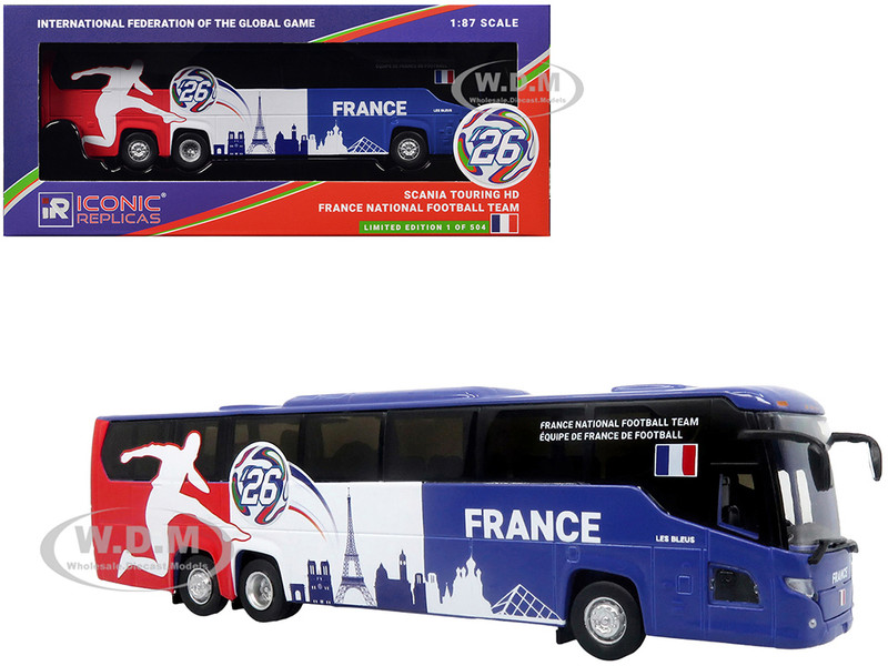 Scania Touring HD Coach Bus France National Football Team Blue with Graphics International Federation of the Global Game Series Limited Edition to 504 pieces Worldwide 1/87 (HO) Diecast Model Iconic Replicas 87-0717
