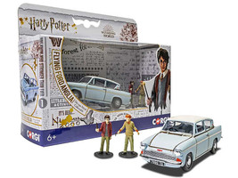 Flying Ford Anglia RHD Right Hand Drive Light Blue with White Top Weathered with Harry and Ron Figures Harry Potter Movie Series Diecast Model Car Corgi CC99725