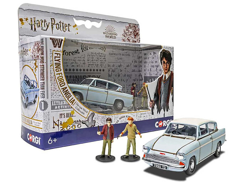 Flying Ford Anglia RHD Right Hand Drive Light Blue with White Top Weathered with Harry and Ron Figures Harry Potter Movie Series Diecast Model Car Corgi CC99725