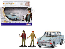 Flying Ford Anglia RHD Right Hand Drive Light Blue with White Top Weathered with Harry and Ron Figures Harry Potter Movie Series Diecast Model Car Corgi CC99725