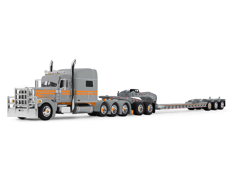 Peterbilt 389 with 70 Mid Roof Sleeper and Fontaine Magnitude Tri Axle Lowboy Trailer with Jeep Capitola Trucking Gray with Orange Stripes 1/64 Diecast Model DCP/First Gear 60-2286