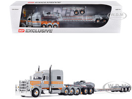 Peterbilt 389 with 70 Mid Roof Sleeper and Fontaine Magnitude Tri Axle Lowboy Trailer with Jeep Capitola Trucking Gray with Orange Stripes 1/64 Diecast Model DCP/First Gear 60-2286