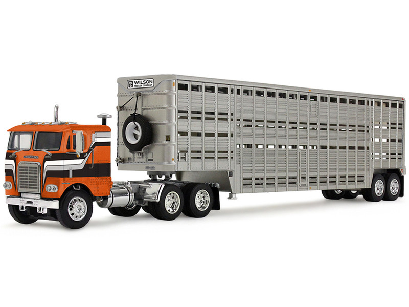Freightliner COE and 45 Wilson Vintage Livestock Trailer Orange with Stripes 1/64 Diecast Model DCP/First Gear 60-2290