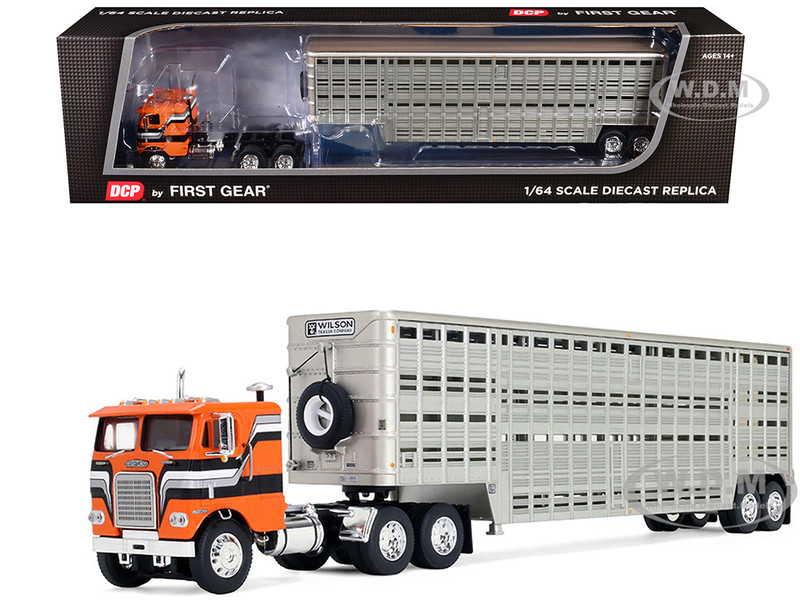 Freightliner COE and 45 Wilson Vintage Livestock Trailer Orange with Stripes 1/64 Diecast Model DCP/First Gear 60-2290