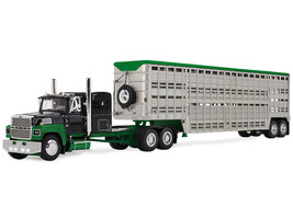 Ford LTL 9000 with 60 Flat Top Sleeper and 45 Wilson Vintage Livestock Trailer Black and Green 1/64 Diecast Model DCP/First Gear 60-2294