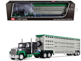 Ford LTL 9000 with 60 Flat Top Sleeper and 45 Wilson Vintage Livestock Trailer Black and Green 1/64 Diecast Model DCP/First Gear 60-2294