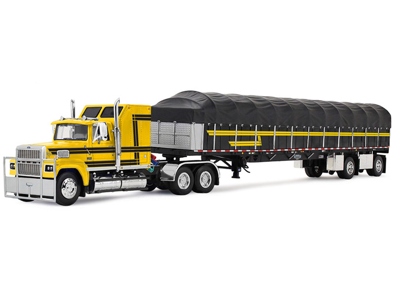Ford LTL 9000 with 60 Aerodyne Sleeper and 53 Wilson Roadbrute Flatbed Trailer with Covered Wagon Yellow with Black Stripes 1/64 Diecast Model DCP/First Gear 60-2295