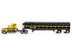 Ford LTL 9000 with 60 Aerodyne Sleeper and 53 Wilson Roadbrute Flatbed Trailer with Covered Wagon Yellow with Black Stripes 1/64 Diecast Model DCP/First Gear 60-2295