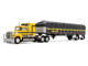 Ford LTL 9000 with 60 Aerodyne Sleeper and 53 Wilson Roadbrute Flatbed Trailer with Covered Wagon Yellow with Black Stripes 1/64 Diecast Model DCP/First Gear 60-2295