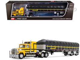 Ford LTL 9000 with 60 Aerodyne Sleeper and 53 Wilson Roadbrute Flatbed Trailer with Covered Wagon Yellow with Black Stripes 1/64 Diecast Model DCP/First Gear 60-2295