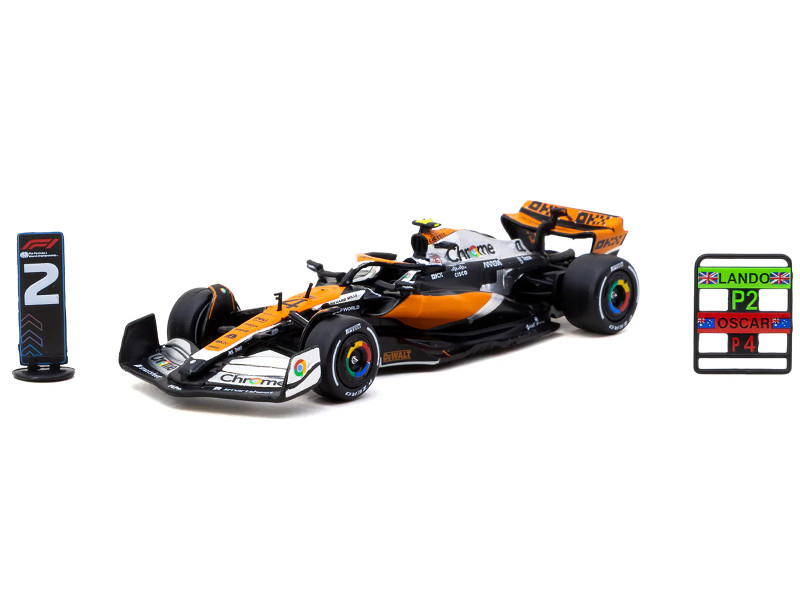 McLaren MCL60 #4 Lando Norris 2nd Place Formula One F1 British GP 2023 with Pitboards Global64 Series 1/64 Diecast Model Car Tarmac Works T64G-F070-LN2