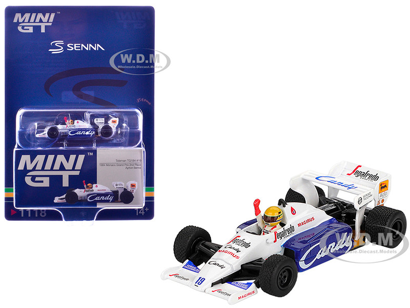 Toleman TG184 #19 Ayrton Senna 2nd Place Formula One F1 Monaco GP 1984 with Driver Figure Limited Edition 1/64 Diecast Model Car Mini GT MGT01118