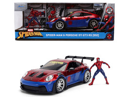 Porsche 911 GT3 RS 992 Red and Blue with Graphics and Spider Man Diecast Figure Marvel Spider Man Hollywood Rides Series 1/24 Diecast Model Car Jada 37442