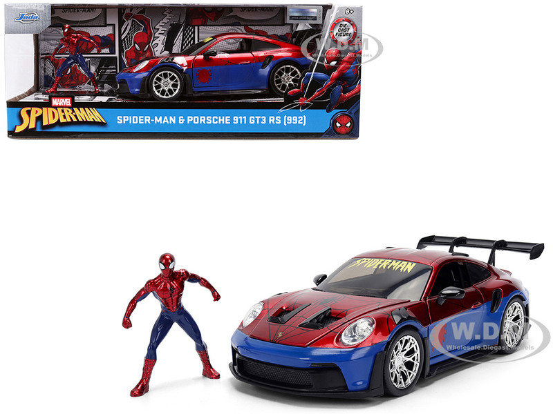 Porsche 911 GT3 RS 992 Red and Blue with Graphics and Spider Man Diecast Figure Marvel Spider Man Hollywood Rides Series 1/24 Diecast Model Car Jada 37442