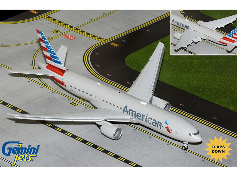 Boeing 777 200ER Commercial Aircraft with Flaps Down American Airlines N788AN Silver with Striped Tail Gemini 200 Series 1/200 Diecast Model Airplane GeminiJets G2AAL1414F