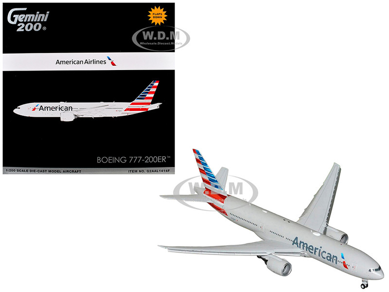 Boeing 777 200ER Commercial Aircraft with Flaps Down American Airlines N788AN Silver with Striped Tail Gemini 200 Series 1/200 Diecast Model Airplane GeminiJets G2AAL1414F