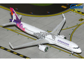 Airbus A321neo Commercial Aircraft Hawaiian Airlines N209HA White with Purple Tail Graphics 1/400 Diecast Model Airplane GeminiJets GJHAL2415