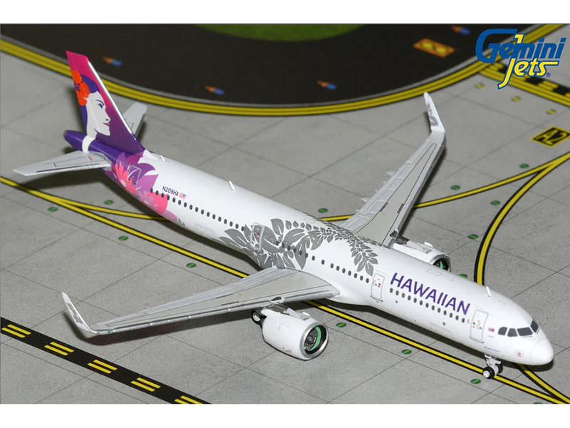 Airbus A321neo Commercial Aircraft Hawaiian Airlines N209HA White with Purple Tail Graphics 1/400 Diecast Model Airplane GeminiJets GJHAL2415