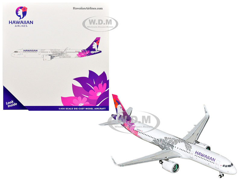 Airbus A321neo Commercial Aircraft Hawaiian Airlines N209HA White with Purple Tail Graphics 1/400 Diecast Model Airplane GeminiJets GJHAL2415