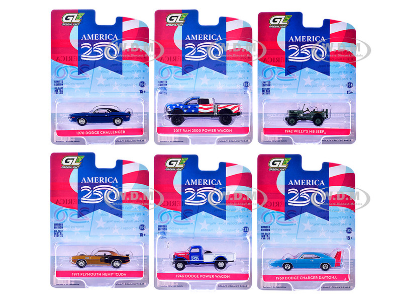 Anniversary Collection Series 18 Set of 6 pieces America 250 Edition 1/64 Diecast Model Cars Greenlight 28180SET