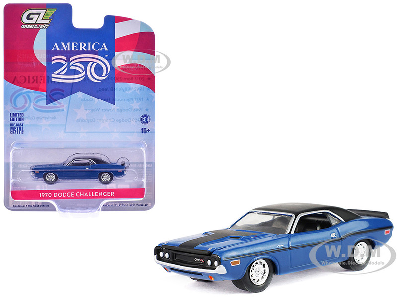 1970 Dodge Challenger Blue with Black Top America 250 Edition Anniversary Collection Series 18 1/64 Diecast Model Car Greenlight 28180A