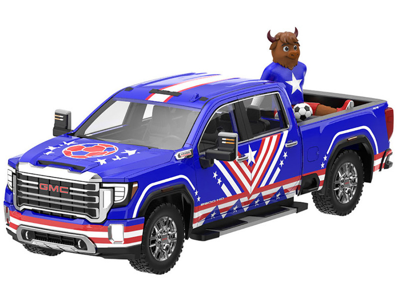 2022 GMC Sierra 3500 HD Pickup Truck Blue with American Soccer Graphics with Bison Figure International Soccer Celebration 26 Series 1/64 Diecast Model Car Greenlight GL30588