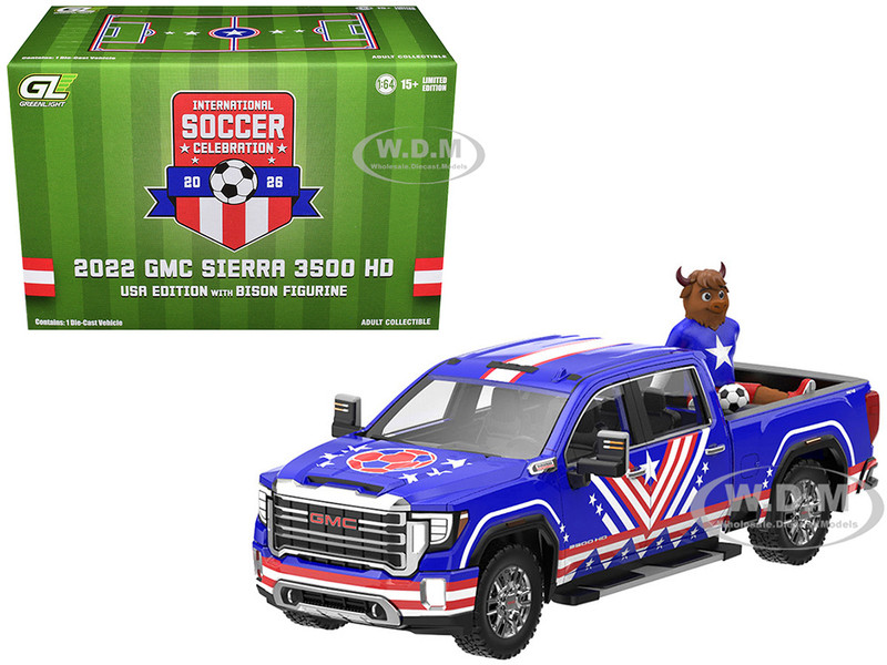 2022 GMC Sierra 3500 HD Pickup Truck Blue with American Soccer Graphics with Bison Figure International Soccer Celebration 26 Series 1/64 Diecast Model Car Greenlight GL30588