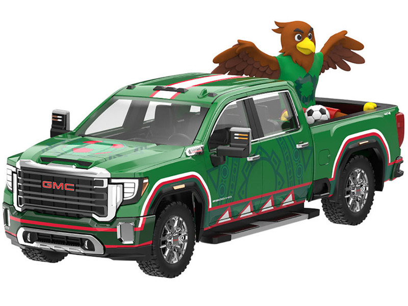 2022 GMC Sierra 3500 HD Pickup Truck Green with Mexican Soccer Graphics with Eagle Figure International Soccer Celebration 26 Series 1/64 Diecast Model Car Greenlight GL30589