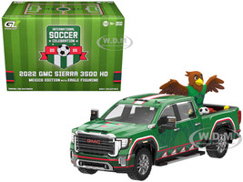2022 GMC Sierra 3500 HD Pickup Truck Green with Mexican Soccer Graphics with Eagle Figure International Soccer Celebration 26 Series 1/64 Diecast Model Car Greenlight GL30589