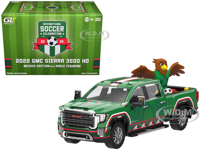 2022 GMC Sierra 3500 HD Pickup Truck Green with Mexican Soccer Graphics with Eagle Figure International Soccer Celebration 26 Series 1/64 Diecast Model Car Greenlight GL30589