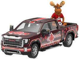 2022 GMC Sierra 3500 HD Pickup Truck Dark Red with Canadian Soccer Graphics with Moose Figure International Soccer Celebration 26 Series 1/64 Diecast Model Car Greenlight GL30590
