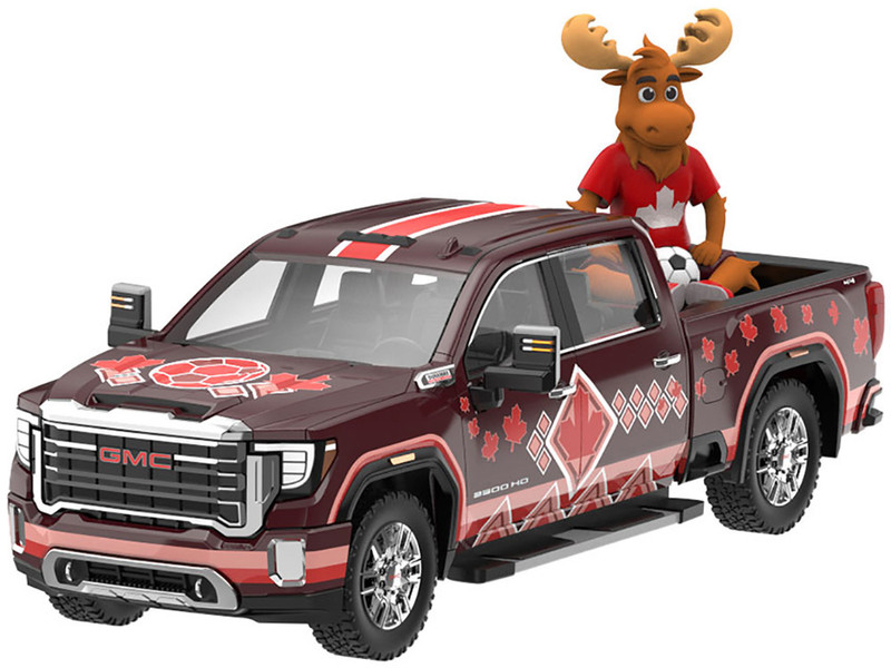 2022 GMC Sierra 3500 HD Pickup Truck Dark Red with Canadian Soccer Graphics with Moose Figure International Soccer Celebration 26 Series 1/64 Diecast Model Car Greenlight GL30590