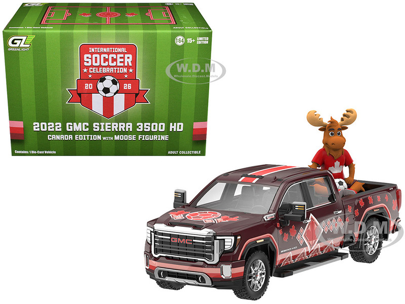 2022 GMC Sierra 3500 HD Pickup Truck Dark Red with Canadian Soccer Graphics with Moose Figure International Soccer Celebration 26 Series 1/64 Diecast Model Car Greenlight GL30590