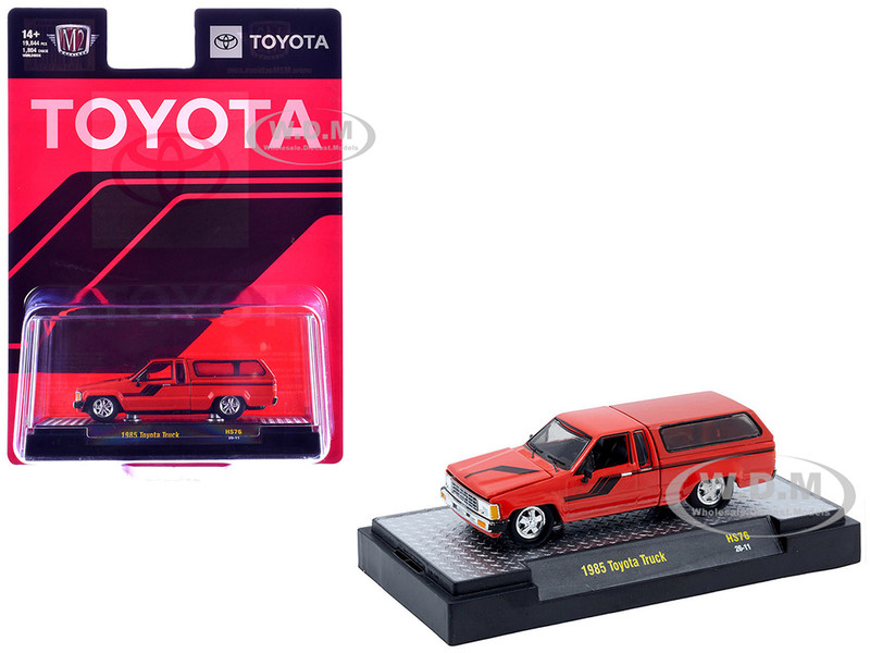 1985 Toyota SR5 Pickup Truck with Camper Shell Red with Black Stripes Limited Edition to 19844 pieces Worldwide 1/64 Diecast Model Car M2 Machines 31500-HS76
