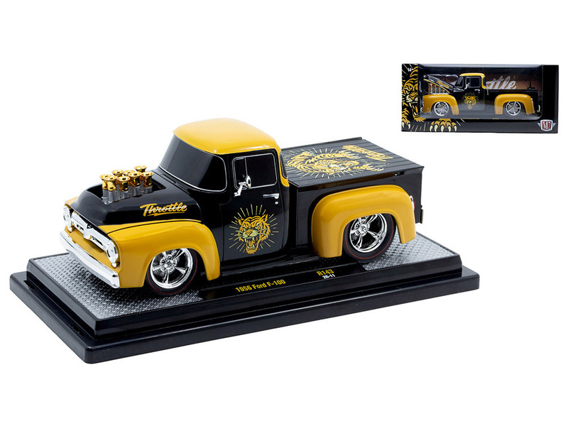 1956 Ford F 100 Pickup Truck Throttle Black with Brown Top and Fenders with Graphics Limited Edition to 6250 pieces Worldwide 1/24 Diecast Model Car M2 Machines 40300-143A