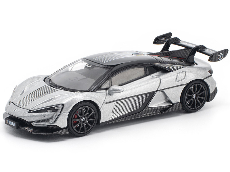 Yangwang U9 Silver Metallic with Black Top and Stripes 1/64 Diecast Model Car Pop Race PR640442