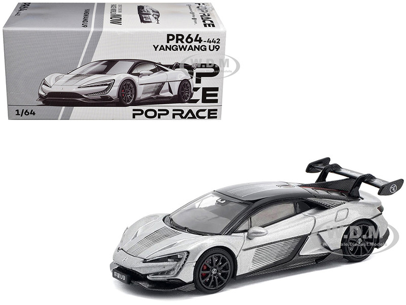 Yangwang U9 Silver Metallic with Black Top and Stripes 1/64 Diecast Model Car Pop Race PR640442