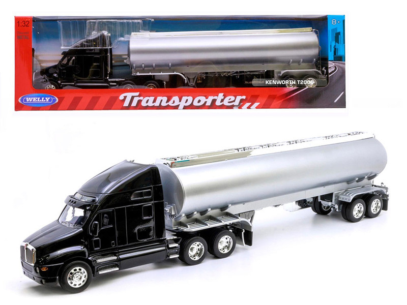 Kenworth T2000 Truck Black with Silver Tanker Trailer Transporter Series 1/32 Diecast Model Welly 32212W-BK