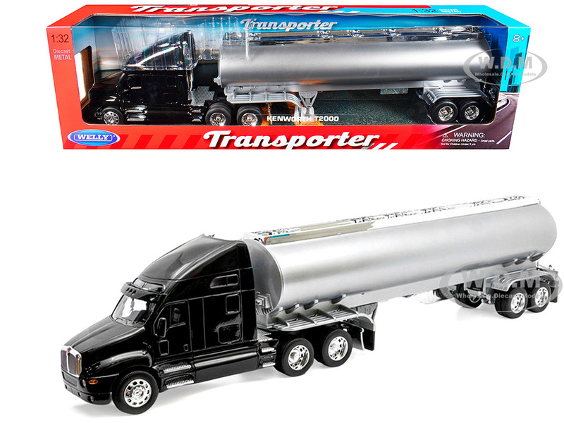 Kenworth T2000 Truck Black with Silver Tanker Trailer Transporter Series 1/32 Diecast Model Welly 32212W-BK